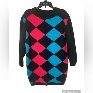 New Vintage Y2K Sweater Geometric Print Colorblock Black Blue Pink Size S-M-L